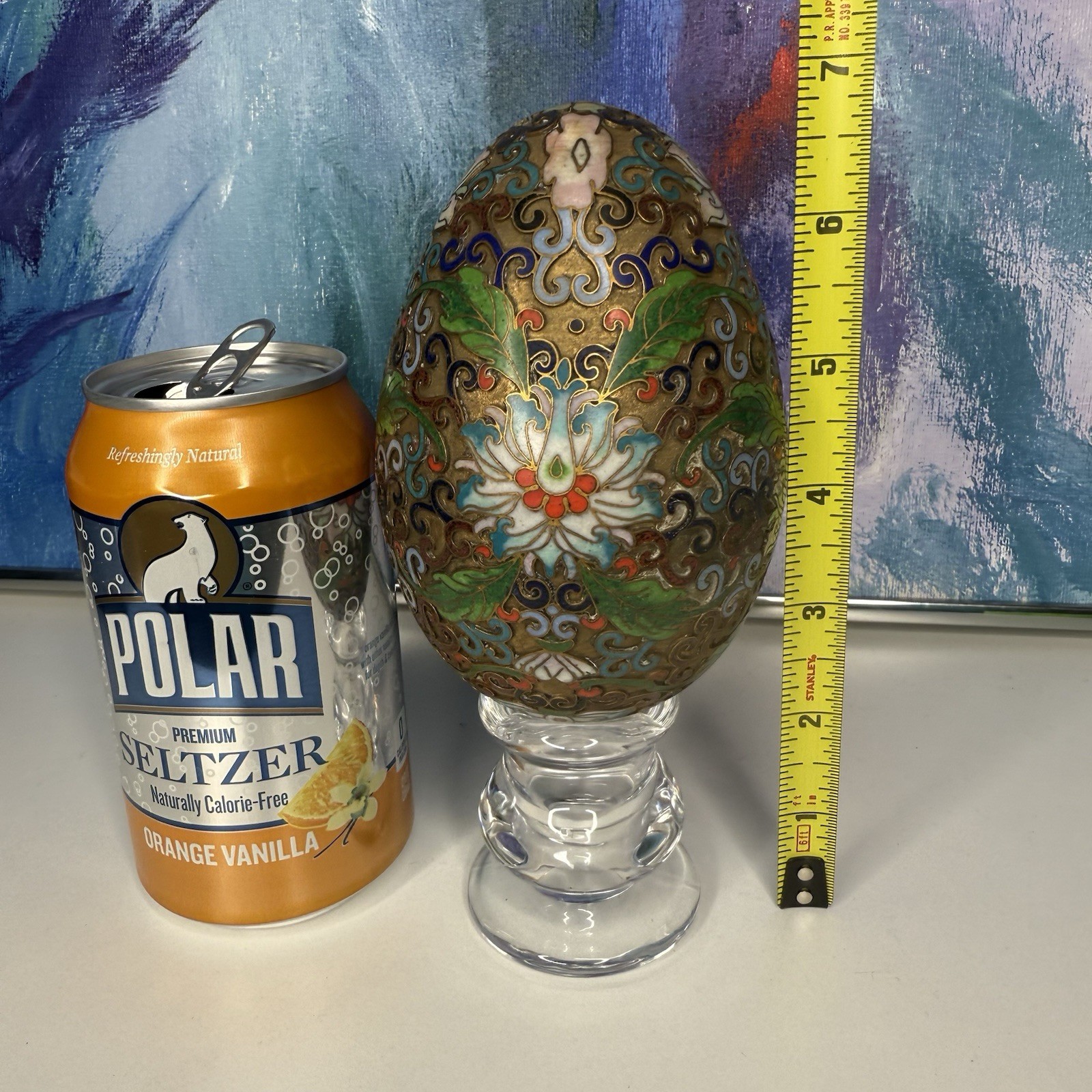 Chinese Cloisonné Metal Egg with Glass Display Stand Vintage Floral Enamel Lotus