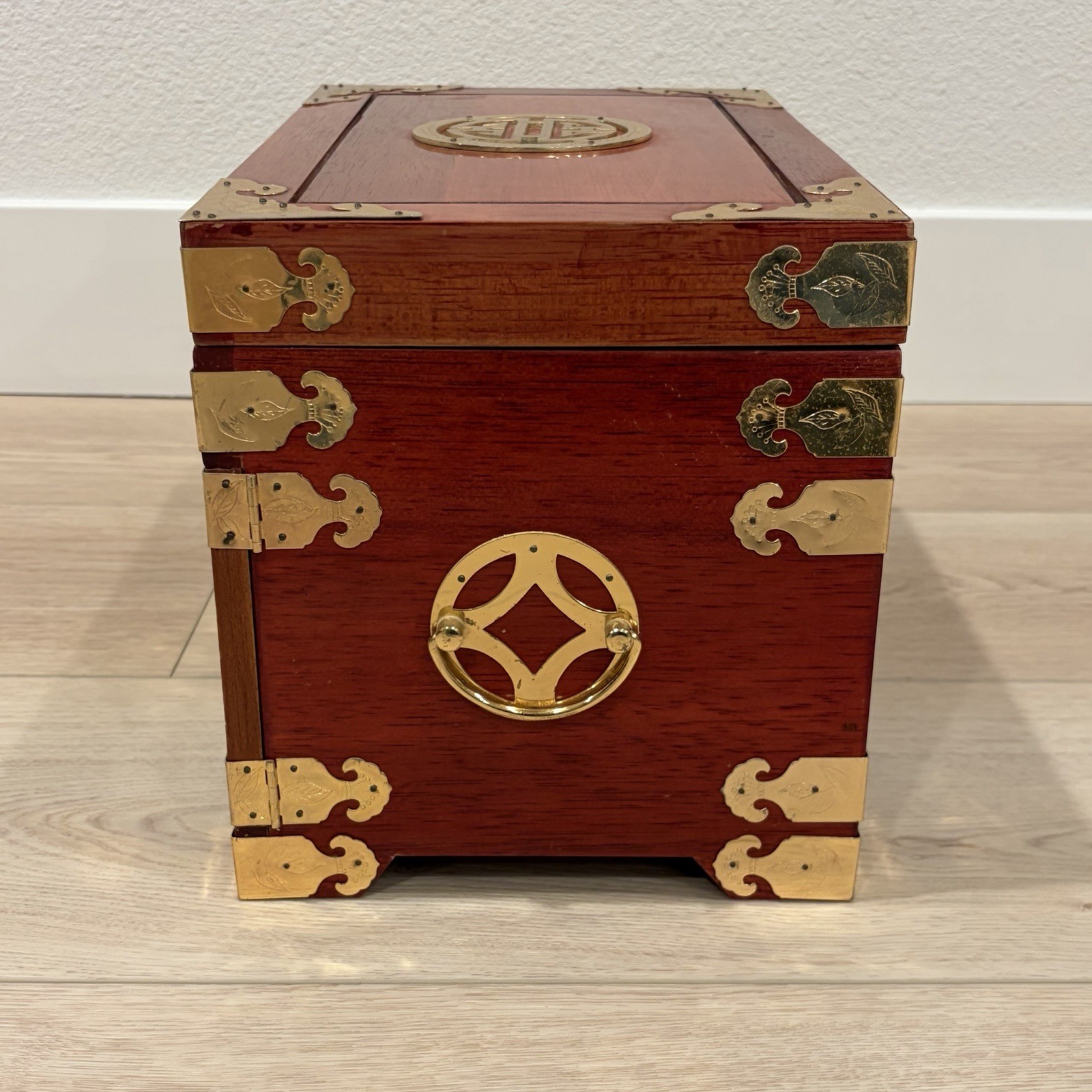 Large Chinese Rosewood & Brass 3 Drawer Flip Top Jewelry Box Longevity Symbol