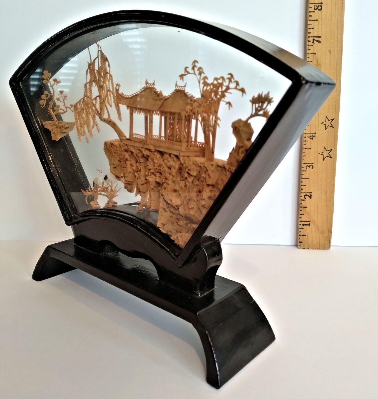 Chinese Hand-Carved Cork in Glass Shadow Box (On Display for Many Years)