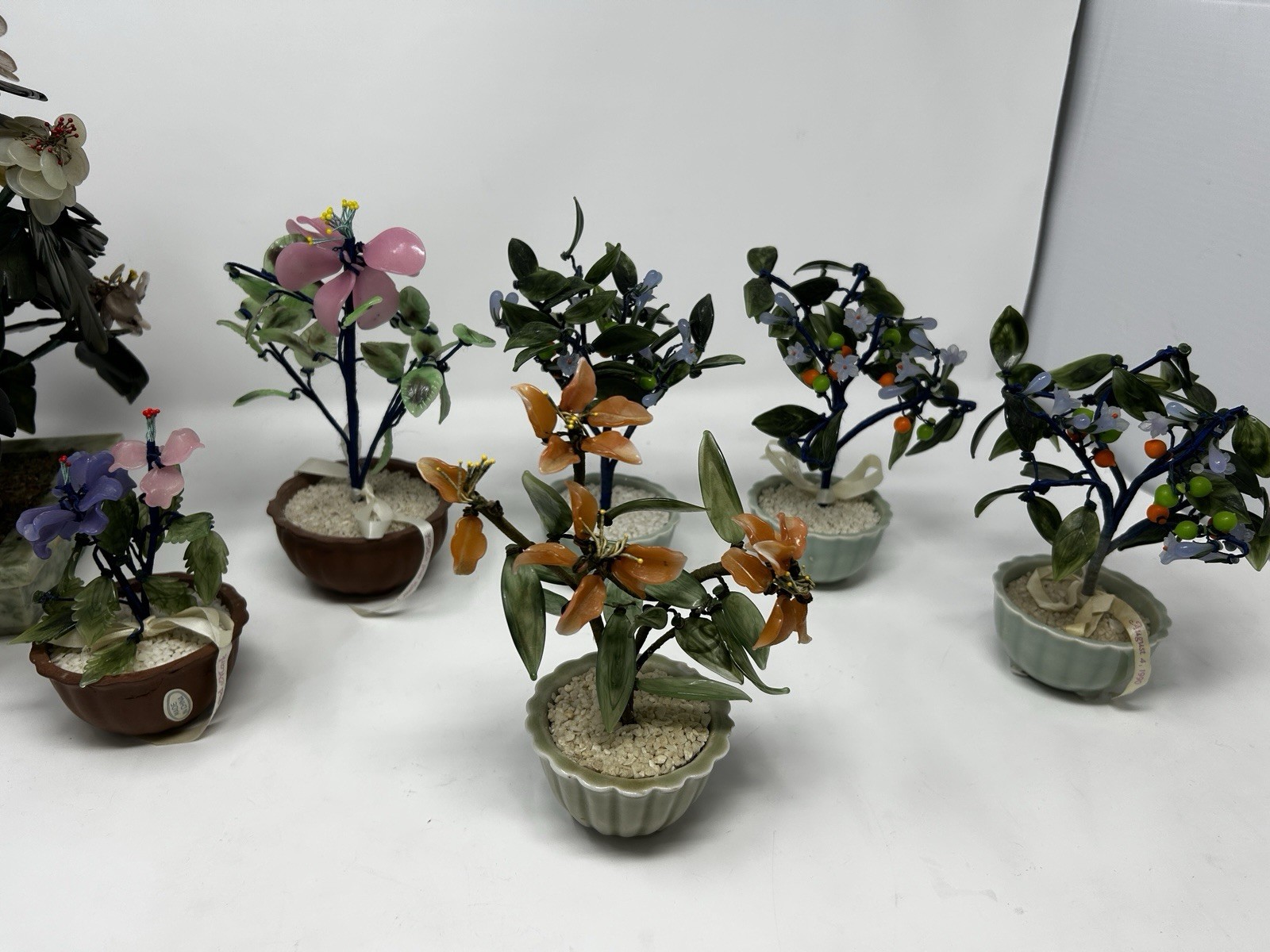 Vintage Chinese Jade Glass Bonsai Tree Lot of 7 Pink Quartz Flowers Pots⁠