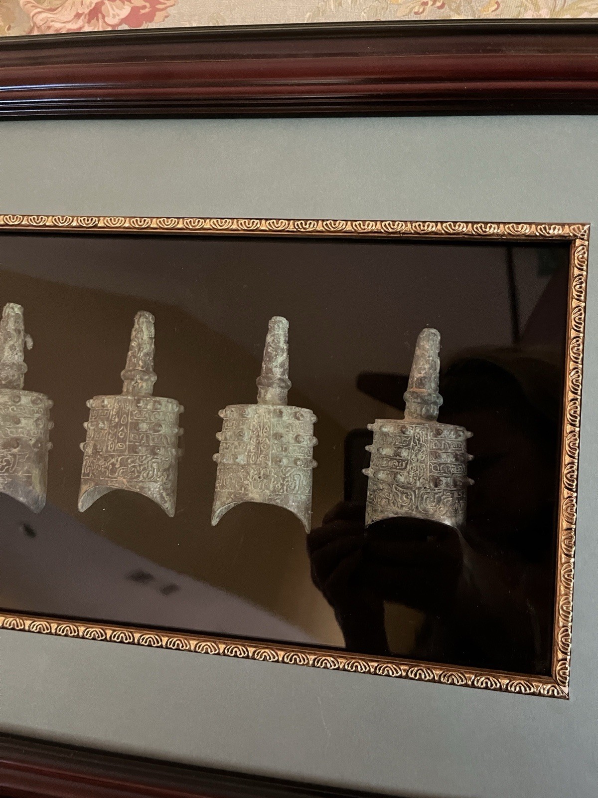 Chinese Framed Vintage Set Of 5 Antique Bronze Bianzhong Replica Meditation Bell