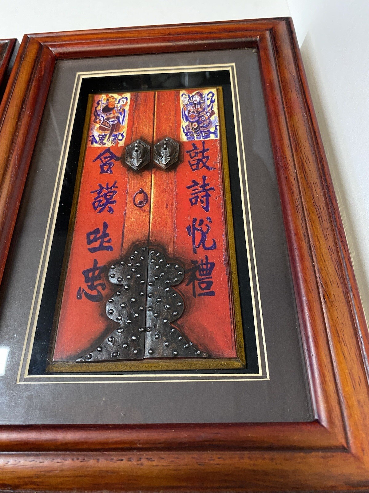 Set Of 2 Vintage Chinese Door Art Diorama 3 D Wood Framed Reds, Purples 8 X 12