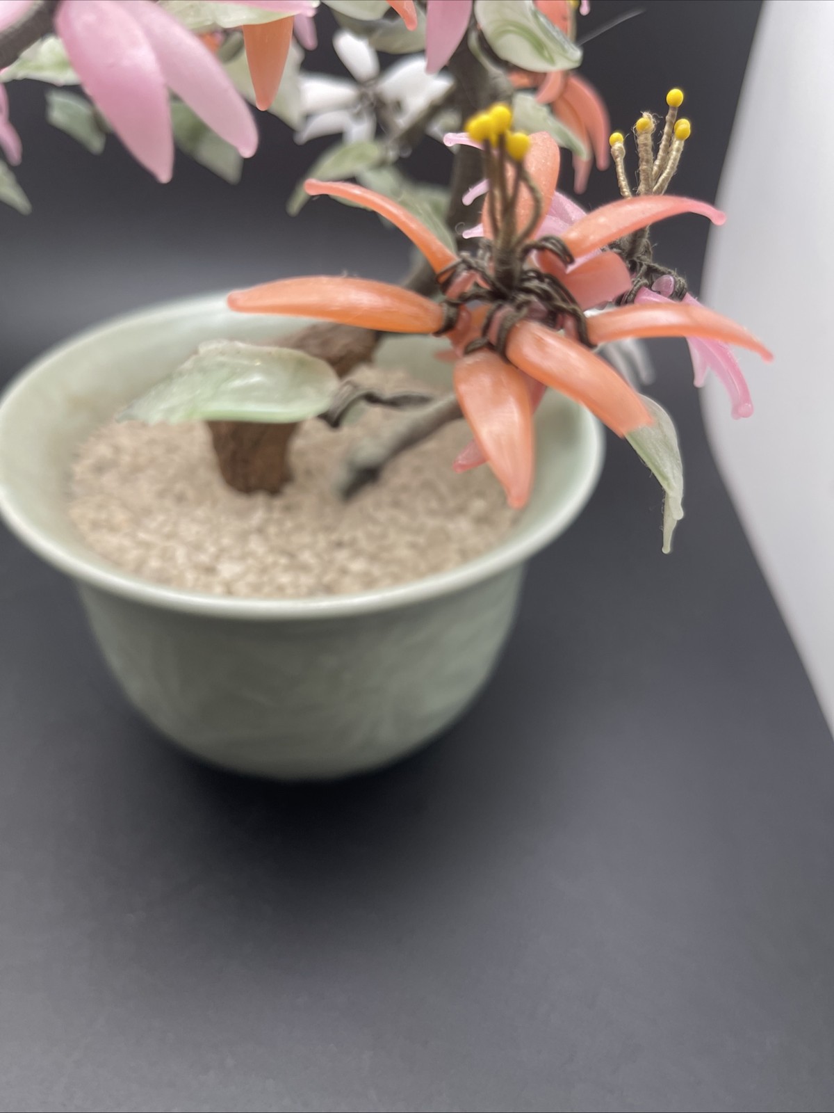 Vintage Medium Chinese Jade Quartz Stone Glass Flower Bonsai Tree Celadon As Is