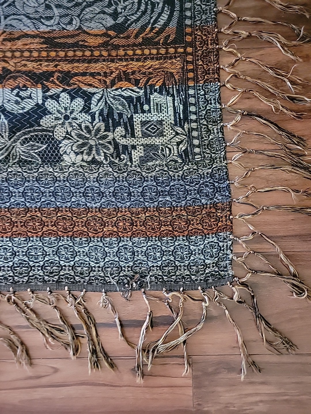 Vintage Asian Brocade Floral Silk Tapestry Bedcover Fringe Double Sided
