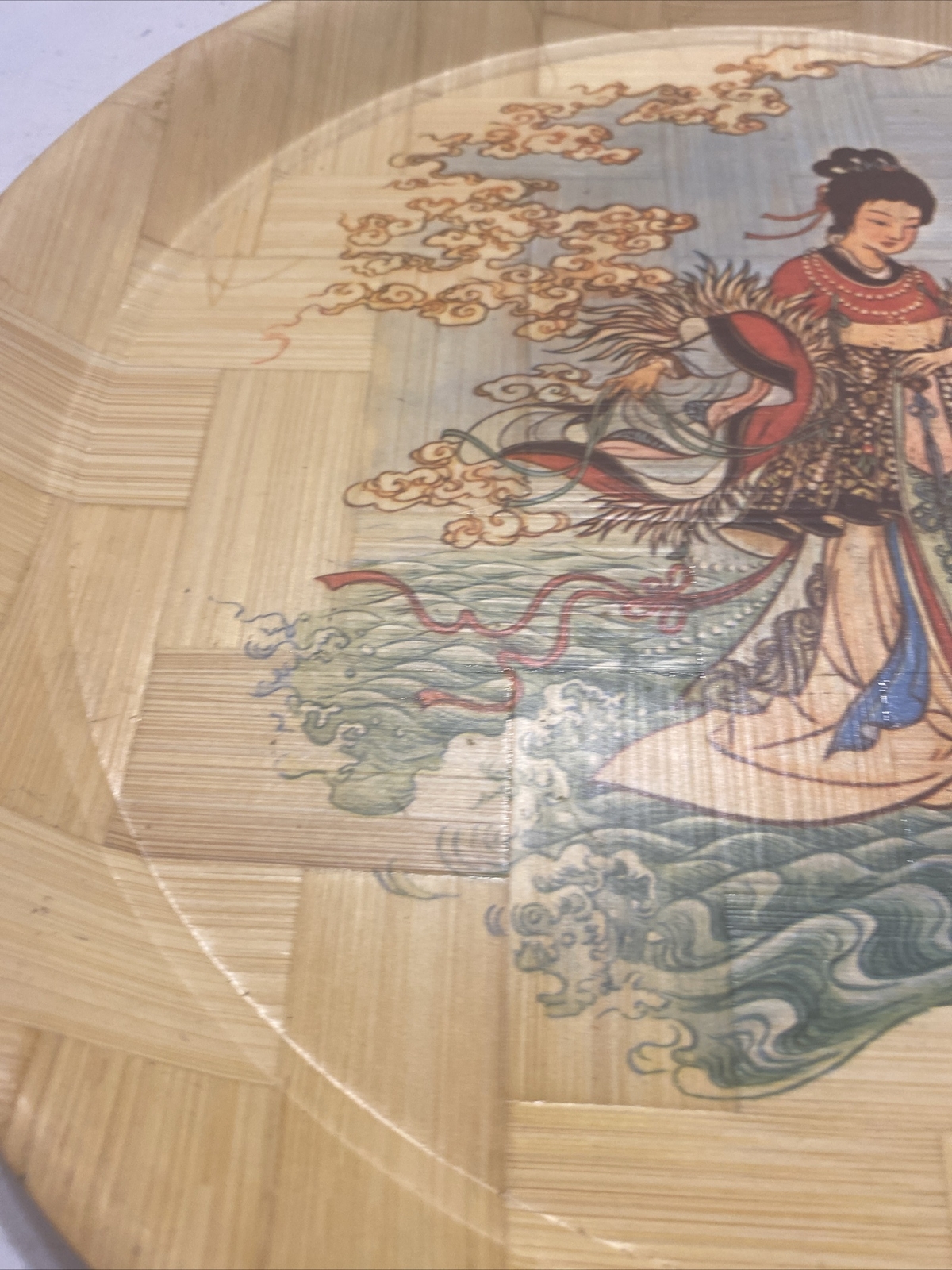 Vintage Decorative Hand Woven Painted Asian Bamboo Tray 13″ Im iR