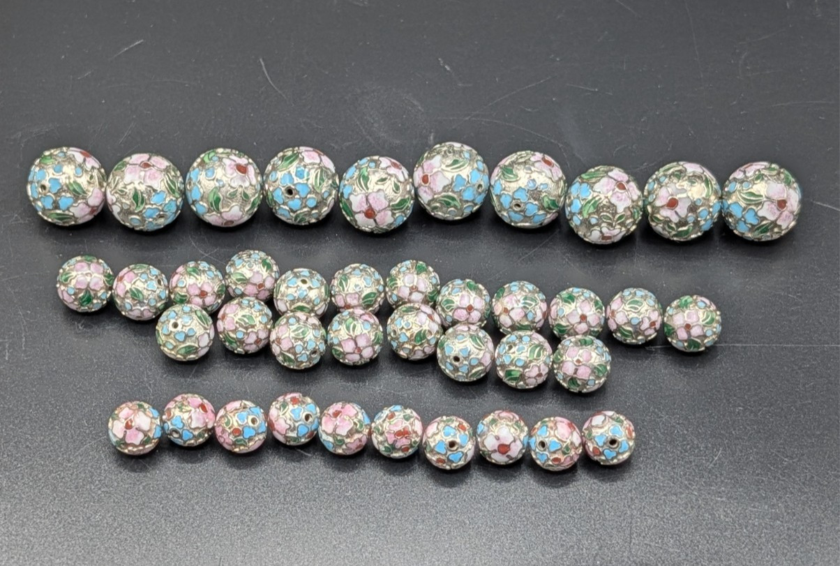 Assortment of Vintage Chinese Cloisonne Floral Design Silver Tone Beads – 40 pc