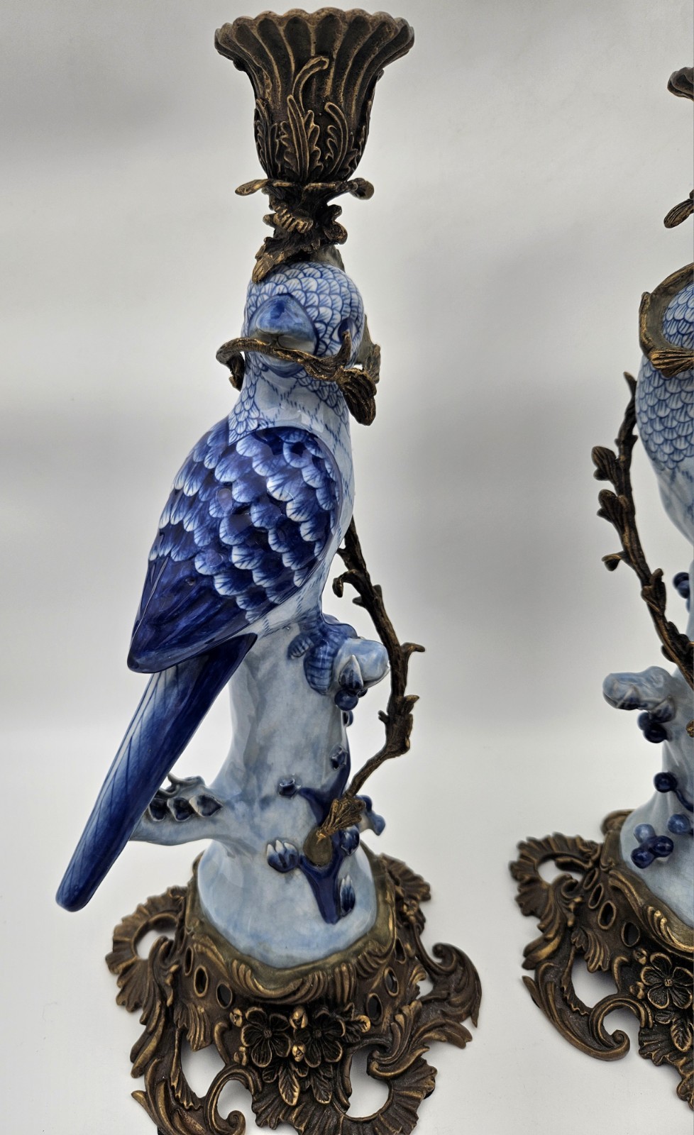 Antique Chinese Bird HOLLYWOOD REGENCY Blue Birds Brass Candle Holders 14″