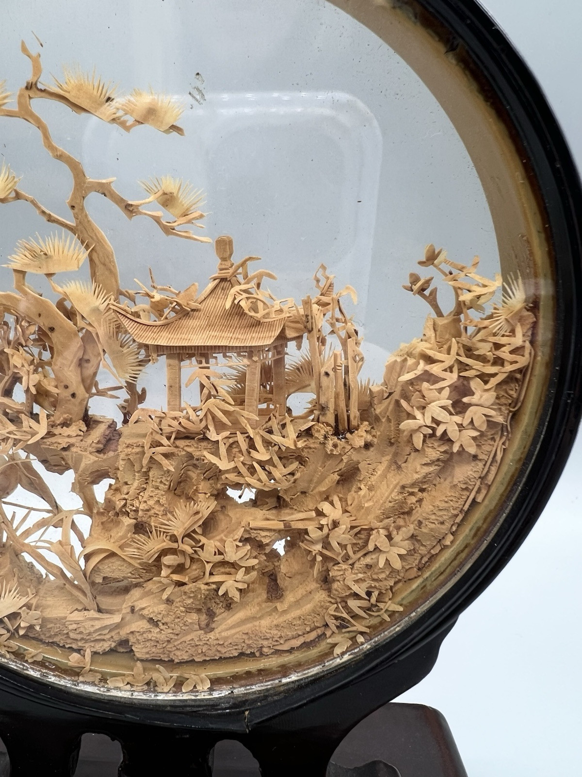Vintage Chinese Cork Carving Encase Round Diorama Pagoda Trees Cranes 7″