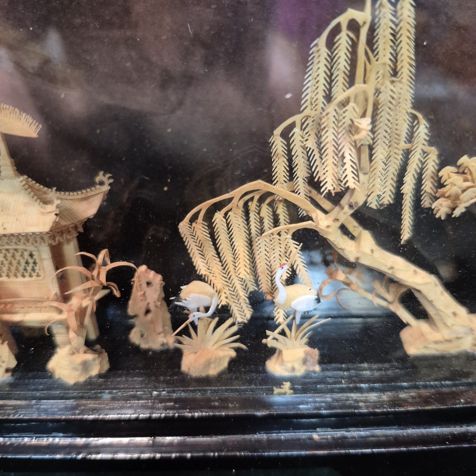 Vintage Chinese Cork Art Diorama Cranes Pagoda Trees Hand Carved in Glass Case