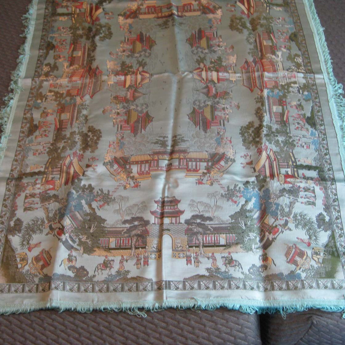 Vtg Asian Brocaded Flowers Silk Tapestry Fringed Tablecloth 40 by 60 In WWII Era