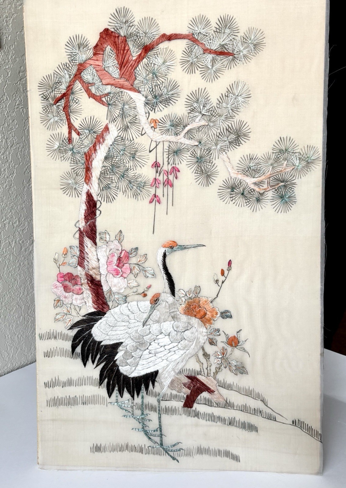 Antique Chinese Silk Embroidery Panel | Hand-Stitched Crane & Pine | 22” Textile