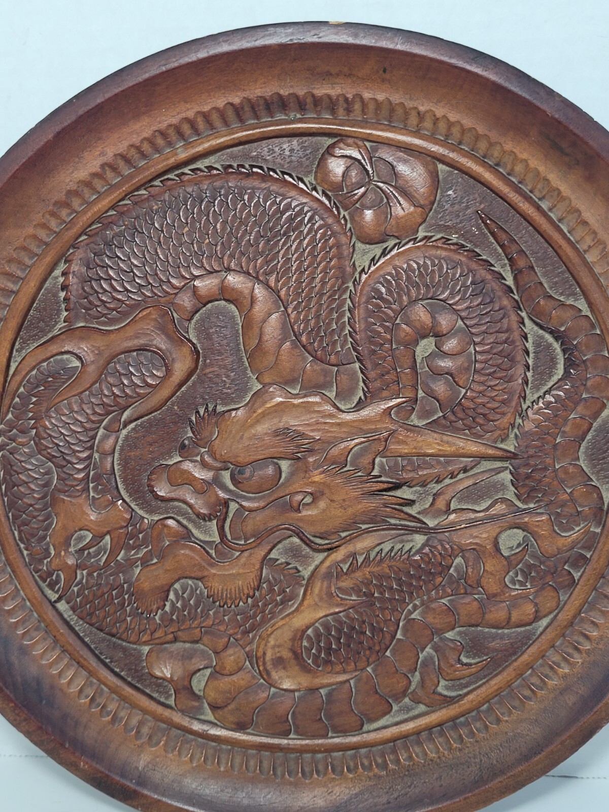 Vintage Carved Wooden Dragon Plaque Plate Chinese Decor Asian Oriental