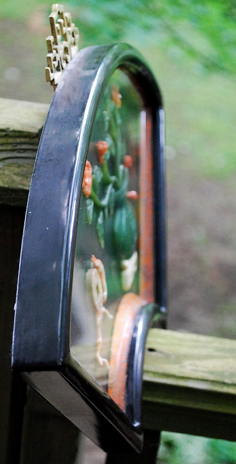 Vtg 17″ Chinese JADE & CORAL Wall Art Flowers/Vase FAN SHADOW BOX FRAME W Glass