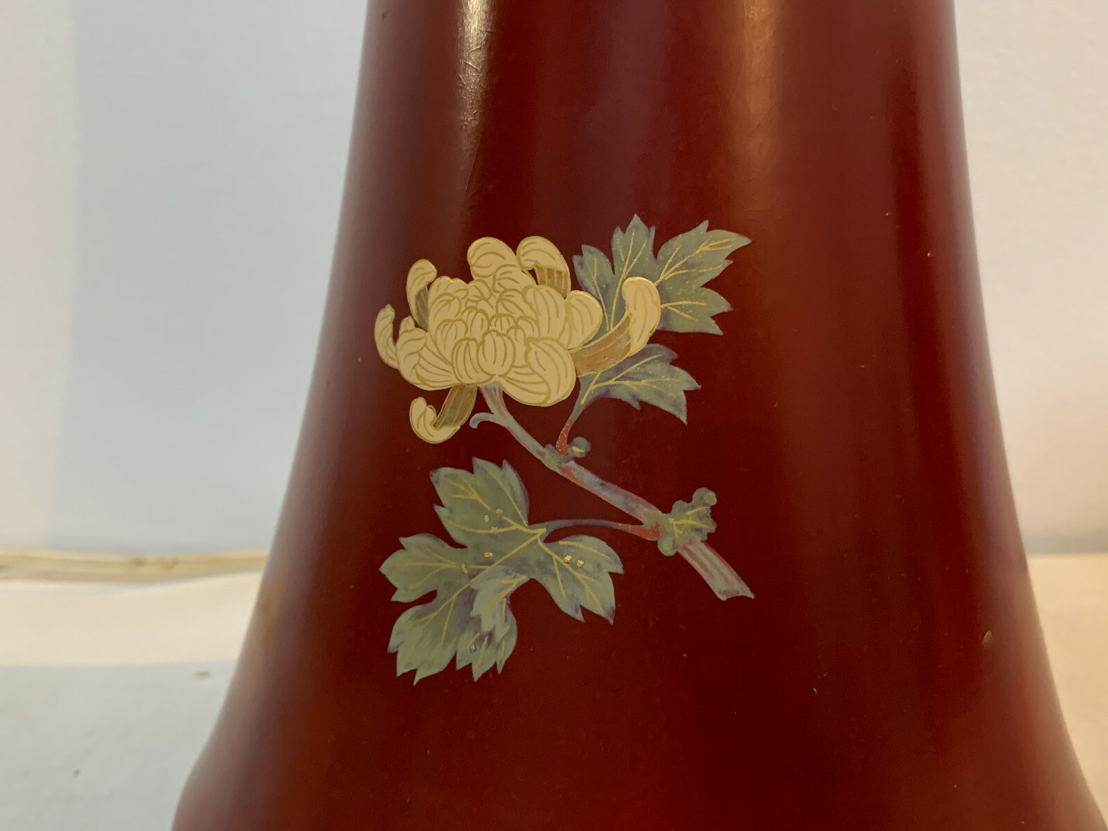 Vintage Chinese or Japanese Red Lacquer Lamp w/ Chrysanthemum Decoration