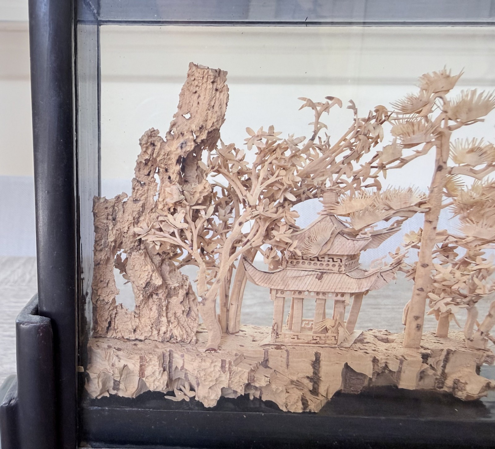 Vintage Chinese Cork Carving Shadow Box Hand Carved Pavilion Landscape 1980s