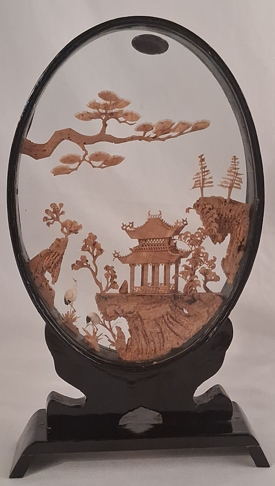 San You Chinese Carved Cork Diorama Glass Case Cranes Pagoda Trees 8 Inch