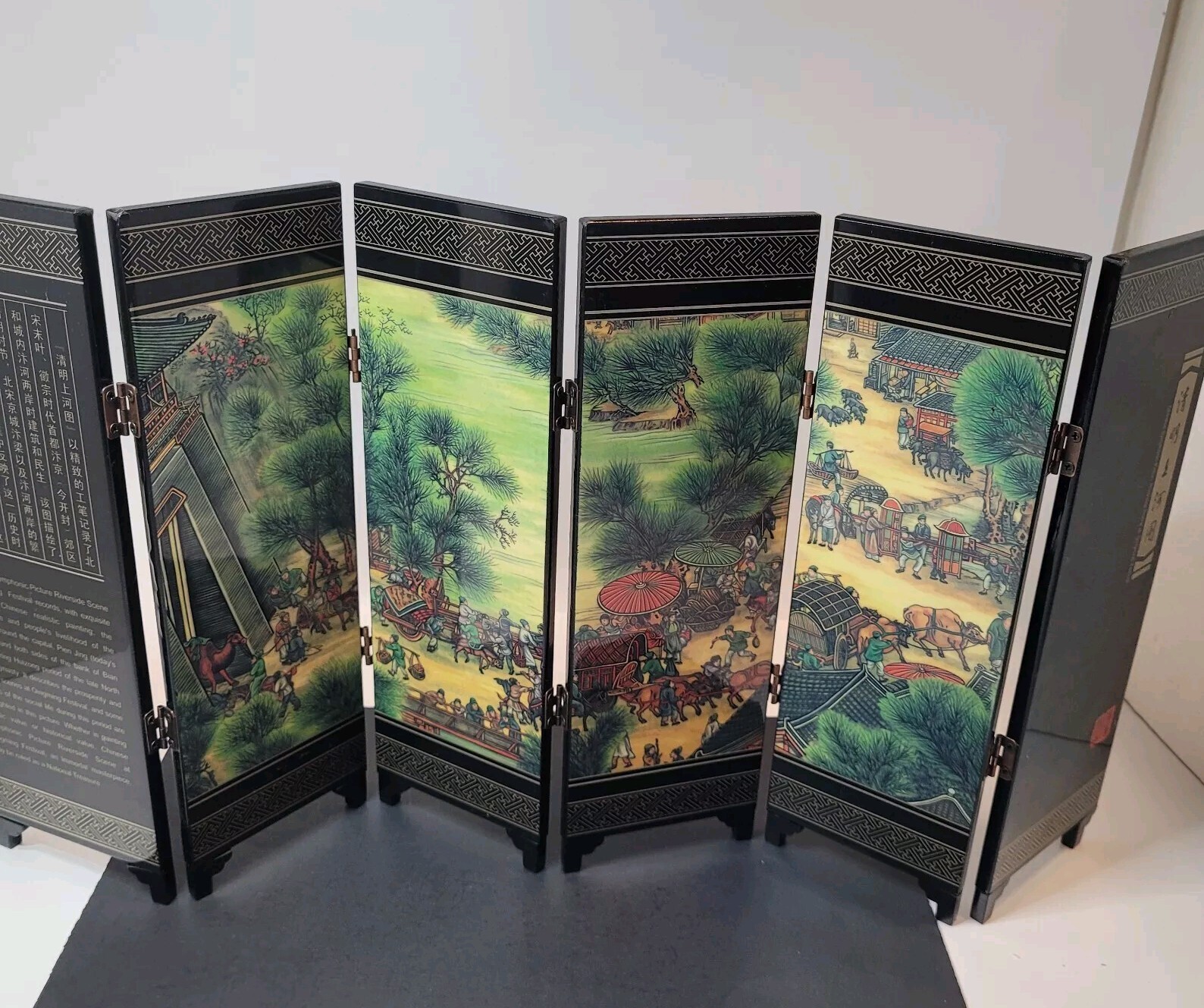 Asian Tabletop Folding Screen 4 Panels 2 Sided Festival Scene Acrylic 9.5×18″