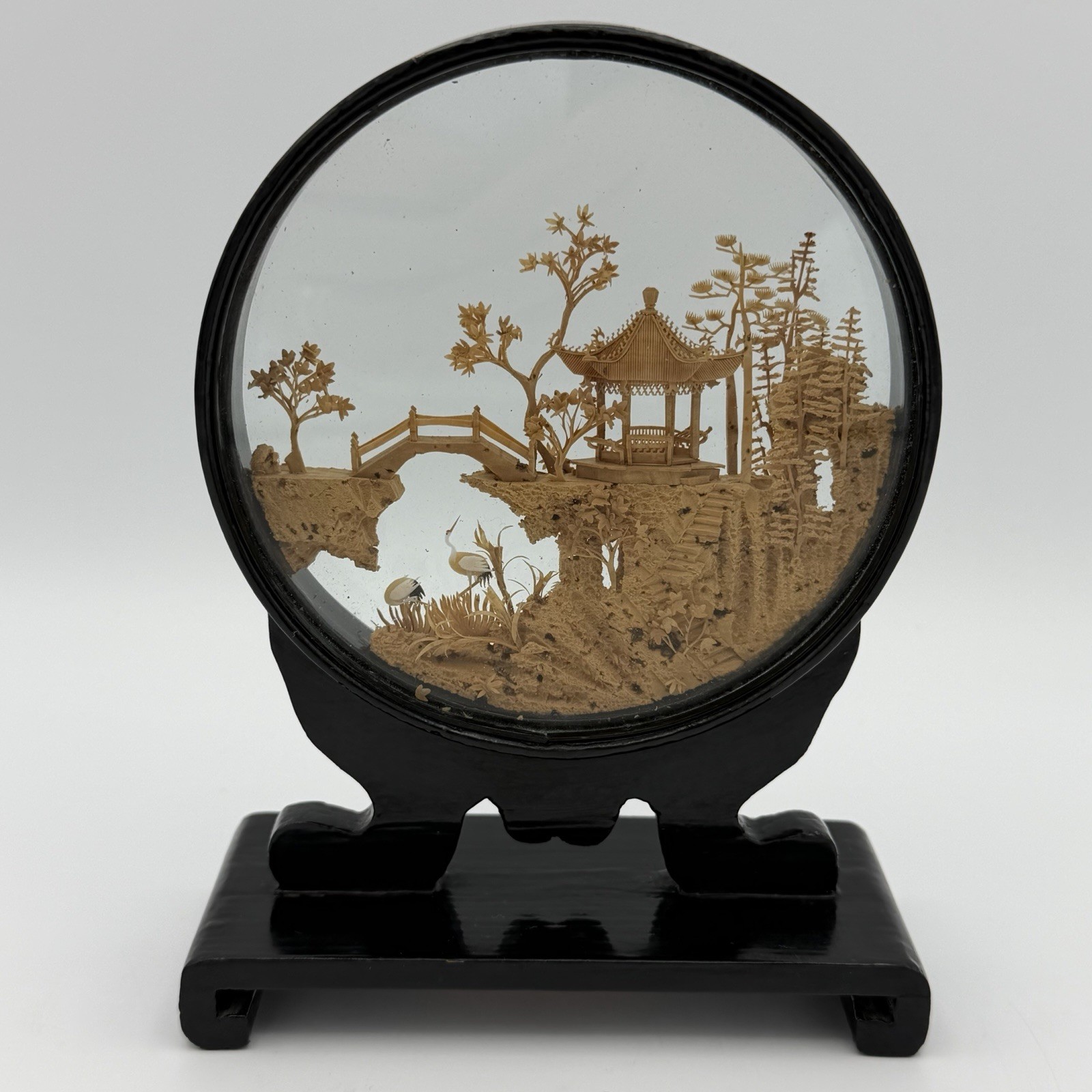 Vintage Chinese Cork Carving Diorama Round Glass Panel Black Lacquer Stand