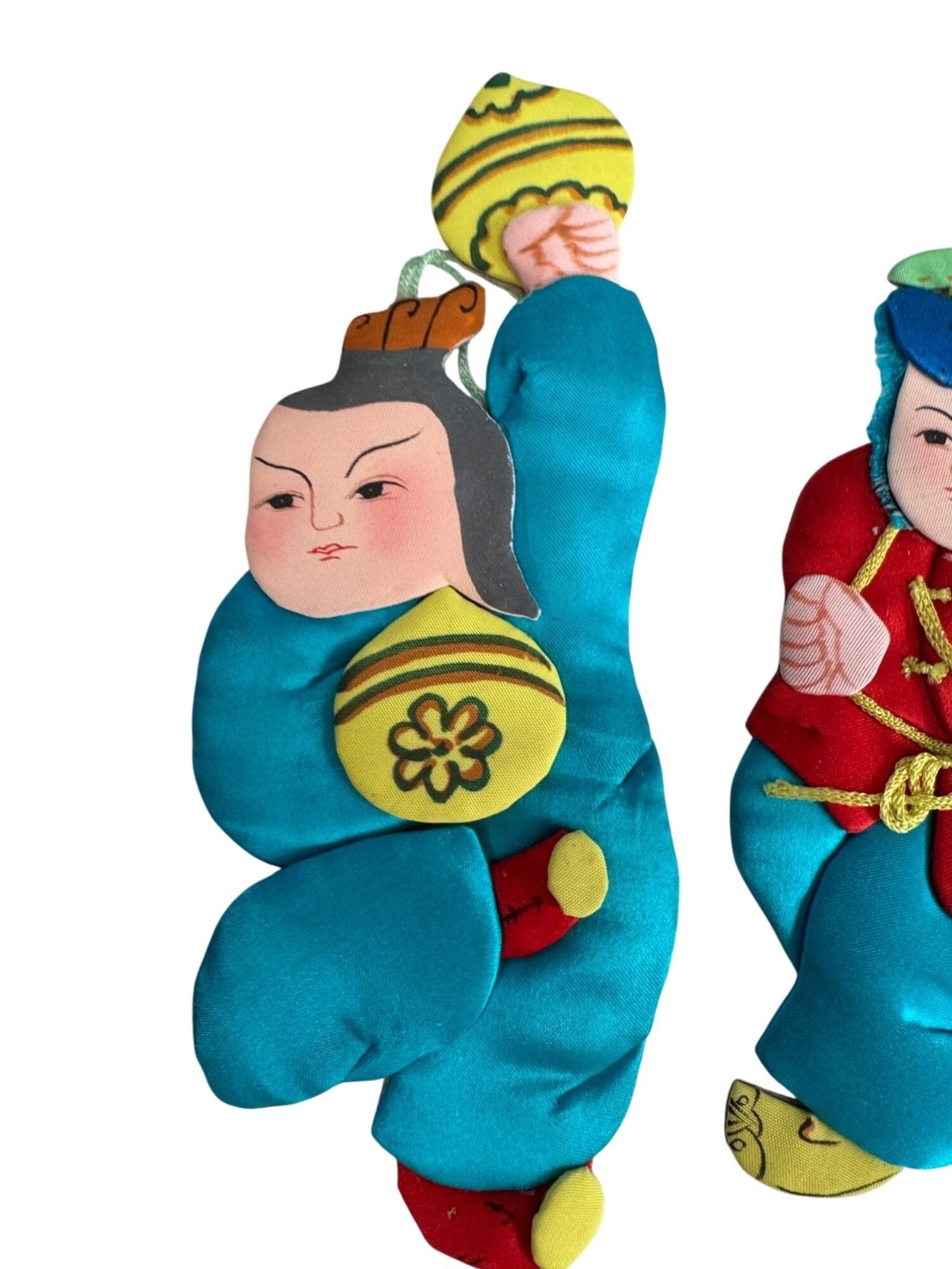 Set Of 6 Vintage Chinese Silk & Cardboard Ornaments Folk Figures 6″ No Box