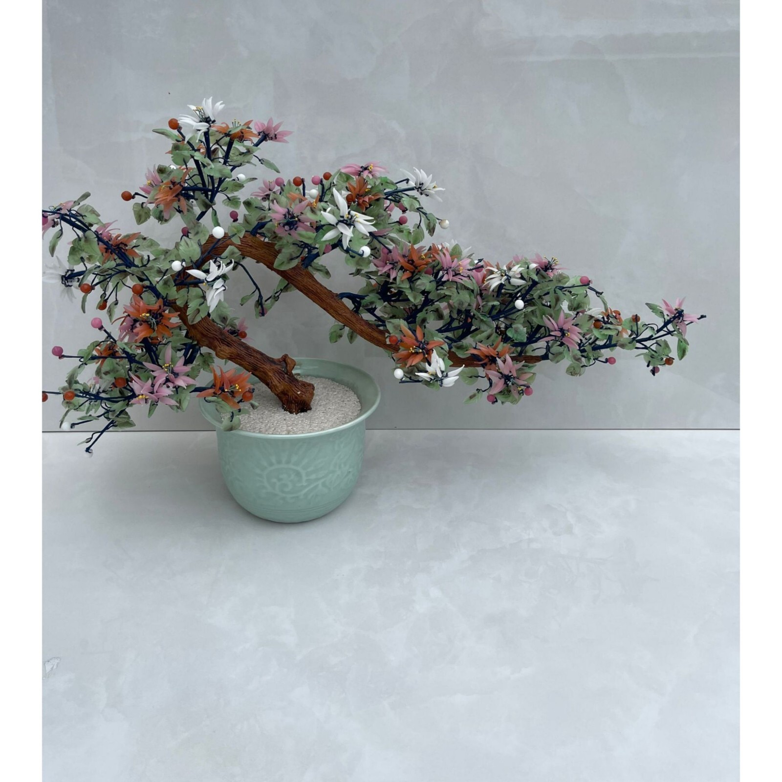 Vintage Collection Large Glass Chinese Jade Stone Bonsai Tree Multicolor Sz 29in