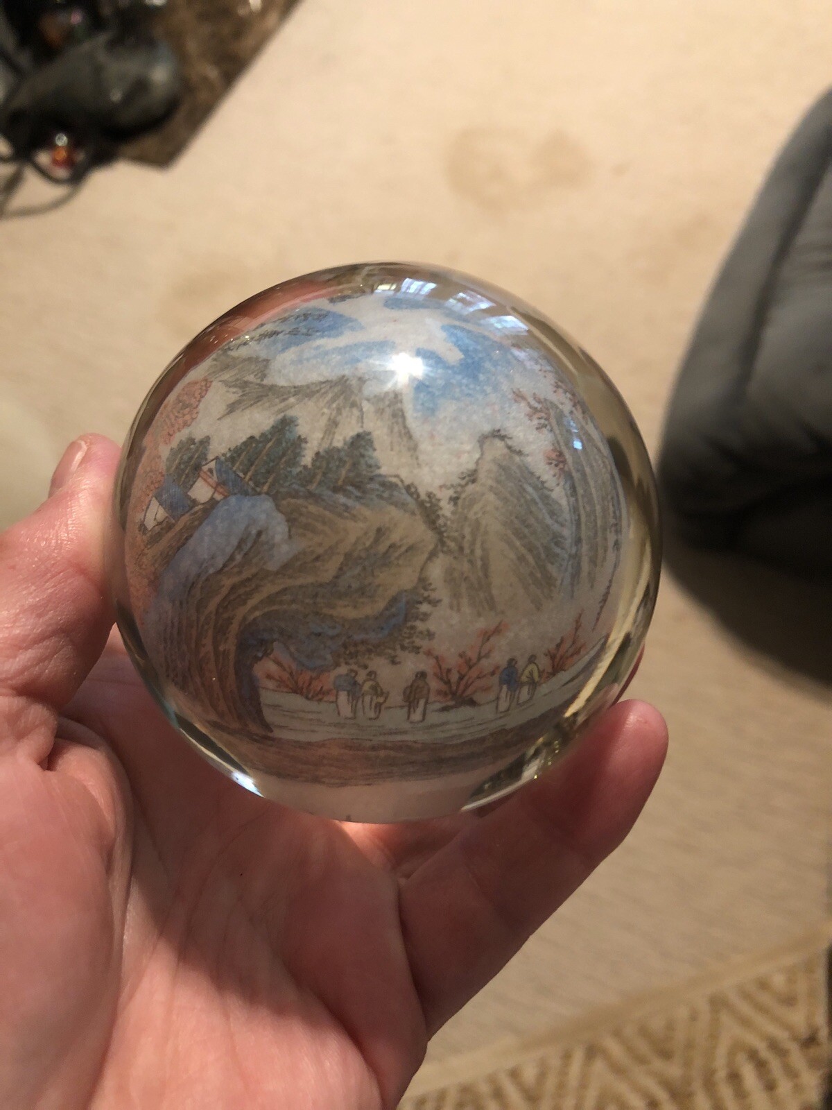 Vintage Chinese Reverse Painted Glass Ball Sphere paper weight Asian scene