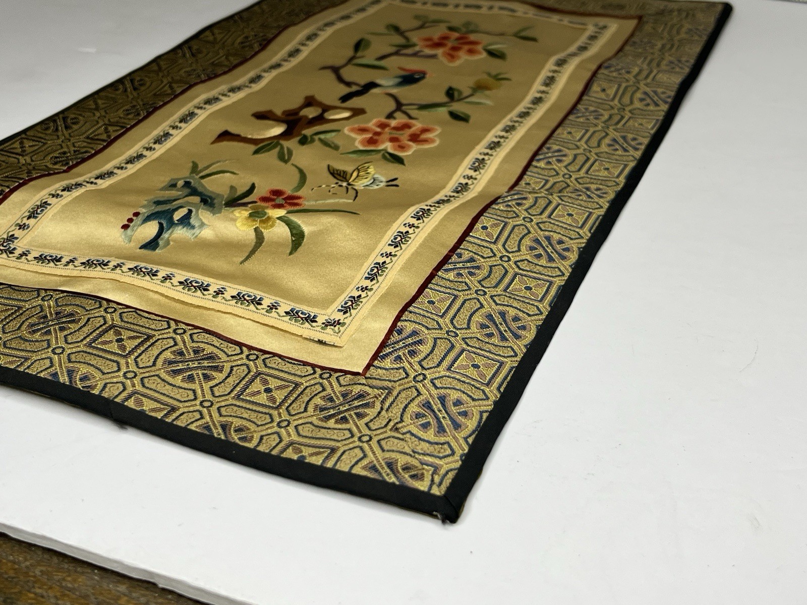 Vintage Embroidered 100% Silk Tapestry Wall Hanging Panel Birds Flowers 17”x9.5”