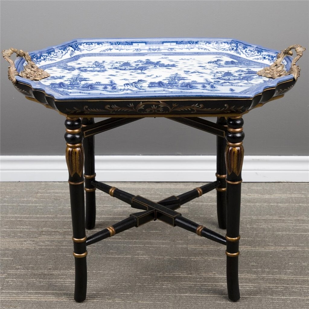 New CHINESE ORIENTAL BLUE WILLOW PORCELAIN bronze ORMOLU WOOD STAND TRAY TABLE