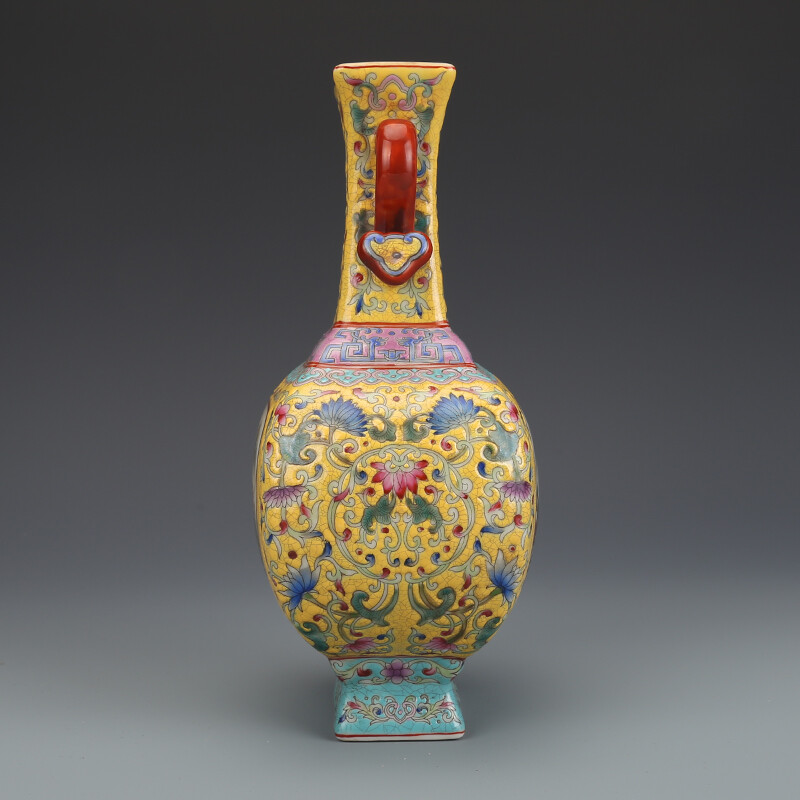 8.8″ China Colour Enamels Porcelain Yellow Glaze Hill Water Scenery Two Ear Vase