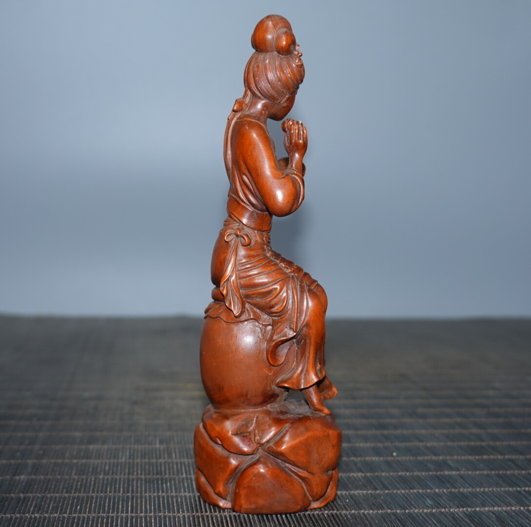 6.3″ Collect China Boxwood Carving Beauty Beautiful Woman Looking Mirror Statue