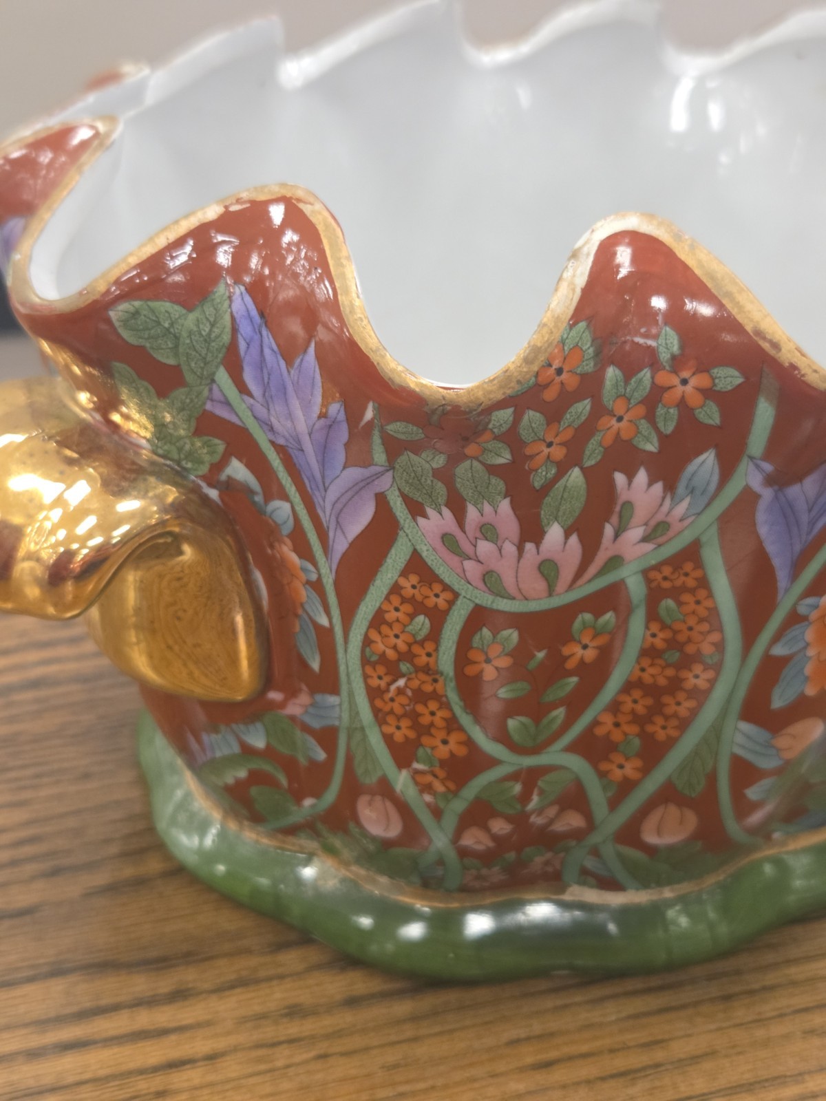 Chinese Foot Bath Satsuma Style Floral Red Vtg Porcelain Jardiniere Gold