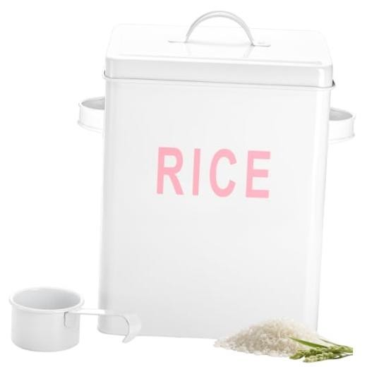 10 Lbs Metal Rice Storage Container, Square Rice Canister with Lid White-Rice