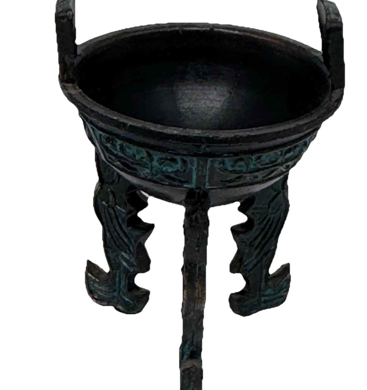 Vintage Set of 3 Chinese Bronze Small Leiwen Ding Tripods Censer Wooden Stand