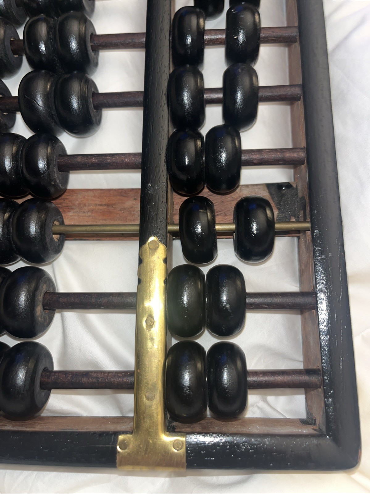 Vintage Abacus -11 RODS 77 BEADS Wood Black Painted Brass Accents Hong Kong
