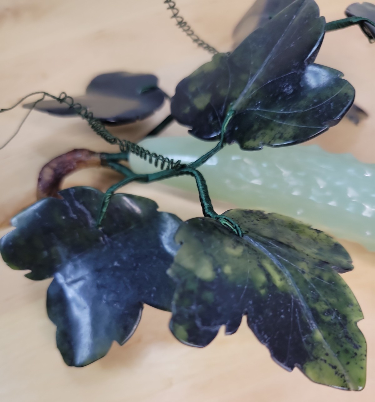 VTG Rare Chinese Green Jade Prickly Cucumber and Leaves 9.5″
