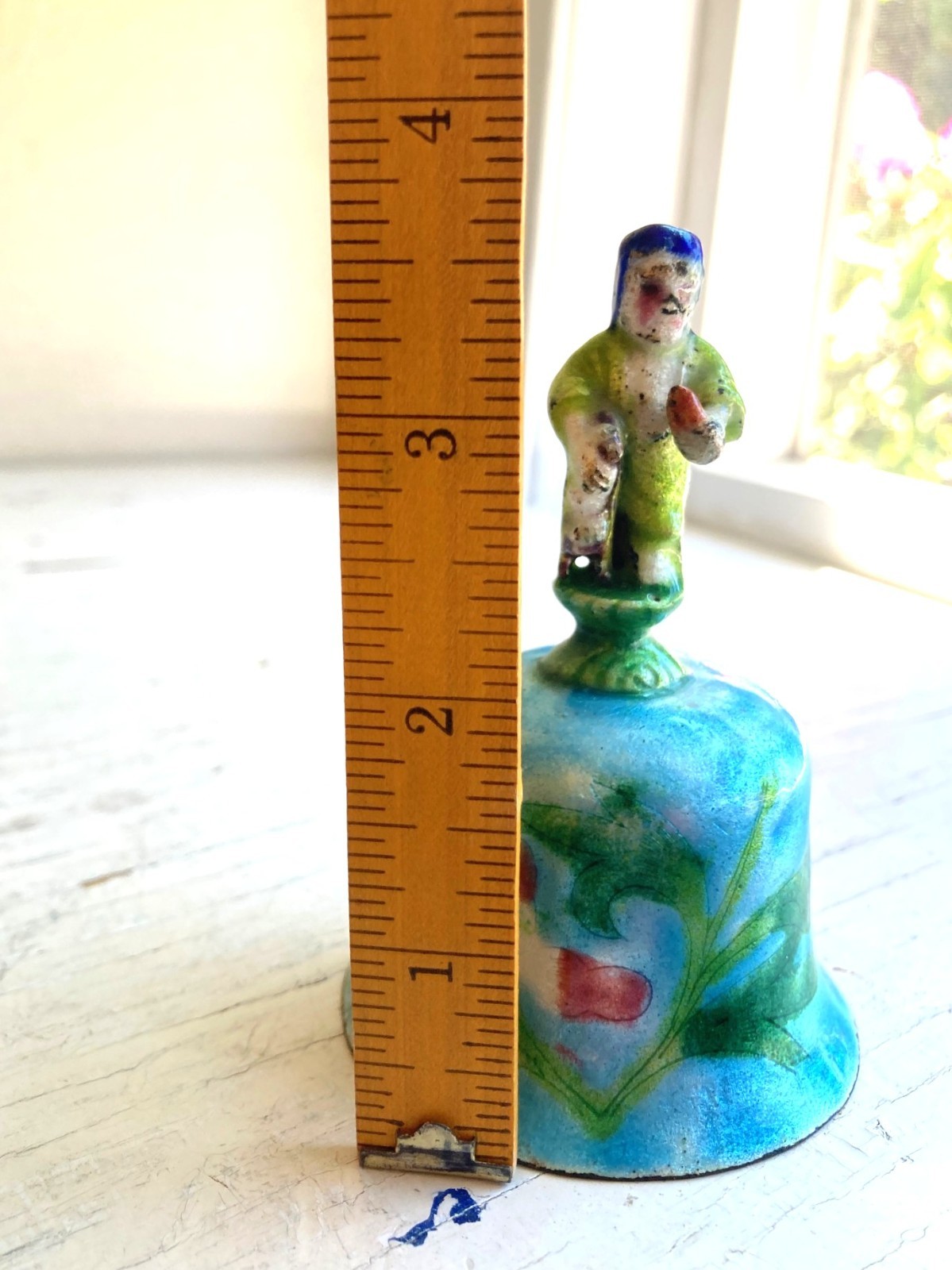 Enamelled Metal Chinese Bell Immortal Figure on Top Floral Blue Green Pink 4 in