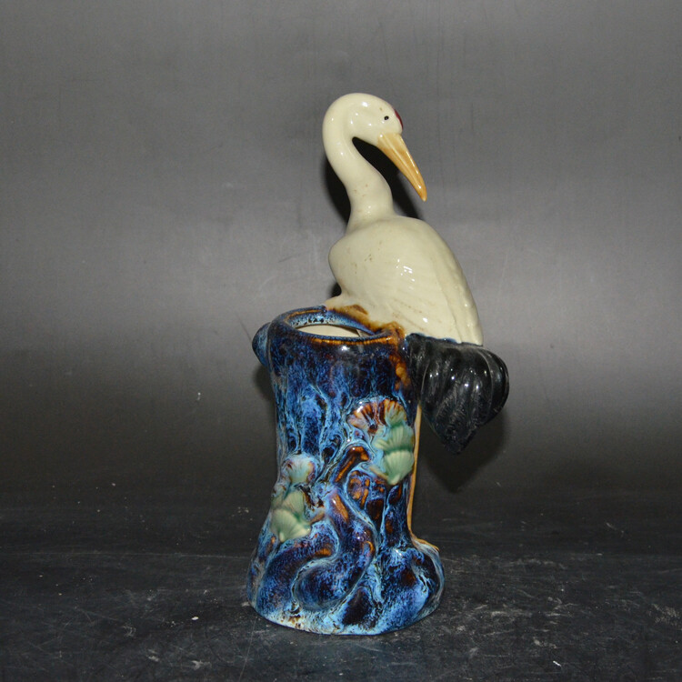 9.4″ CollectChinaBlue Glaze Porcelain Hand Engraving Red-crowned Crane Brush Pot