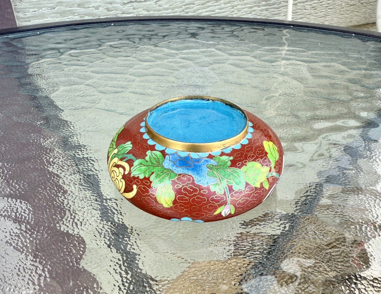 Vintage Chinese Asian Floral Cloisonné Enamel Brass Ashtray Beautiful Colors