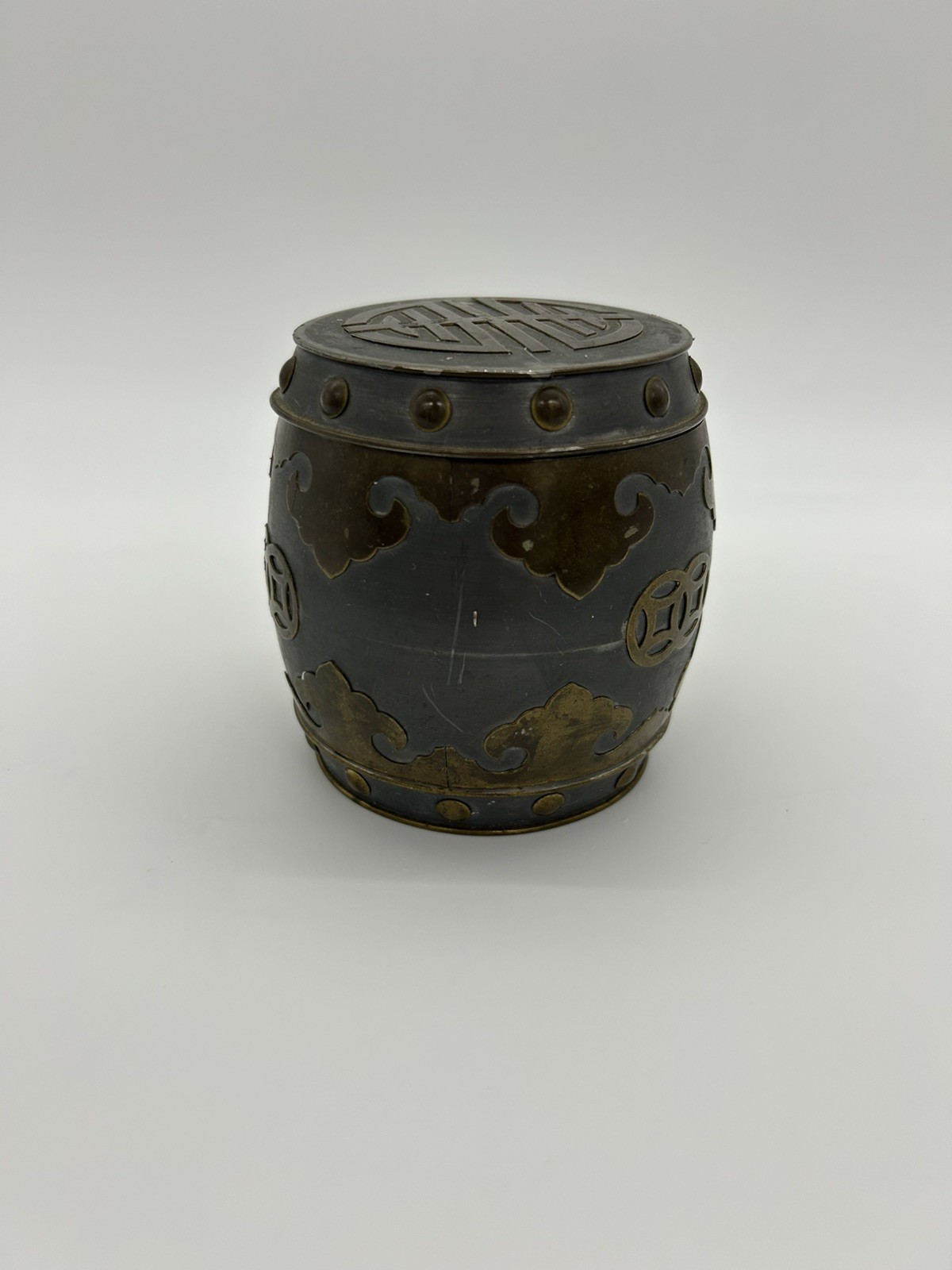 Vintage Chinese Solid Pewter & Brass 3.5” Ornate Tobacco Jar Tea Caddy Hong Kong