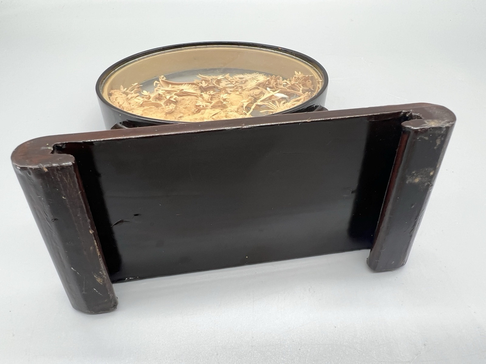 Vintage Chinese Cork Carving Encase Round Diorama Pagoda Trees Cranes 7″