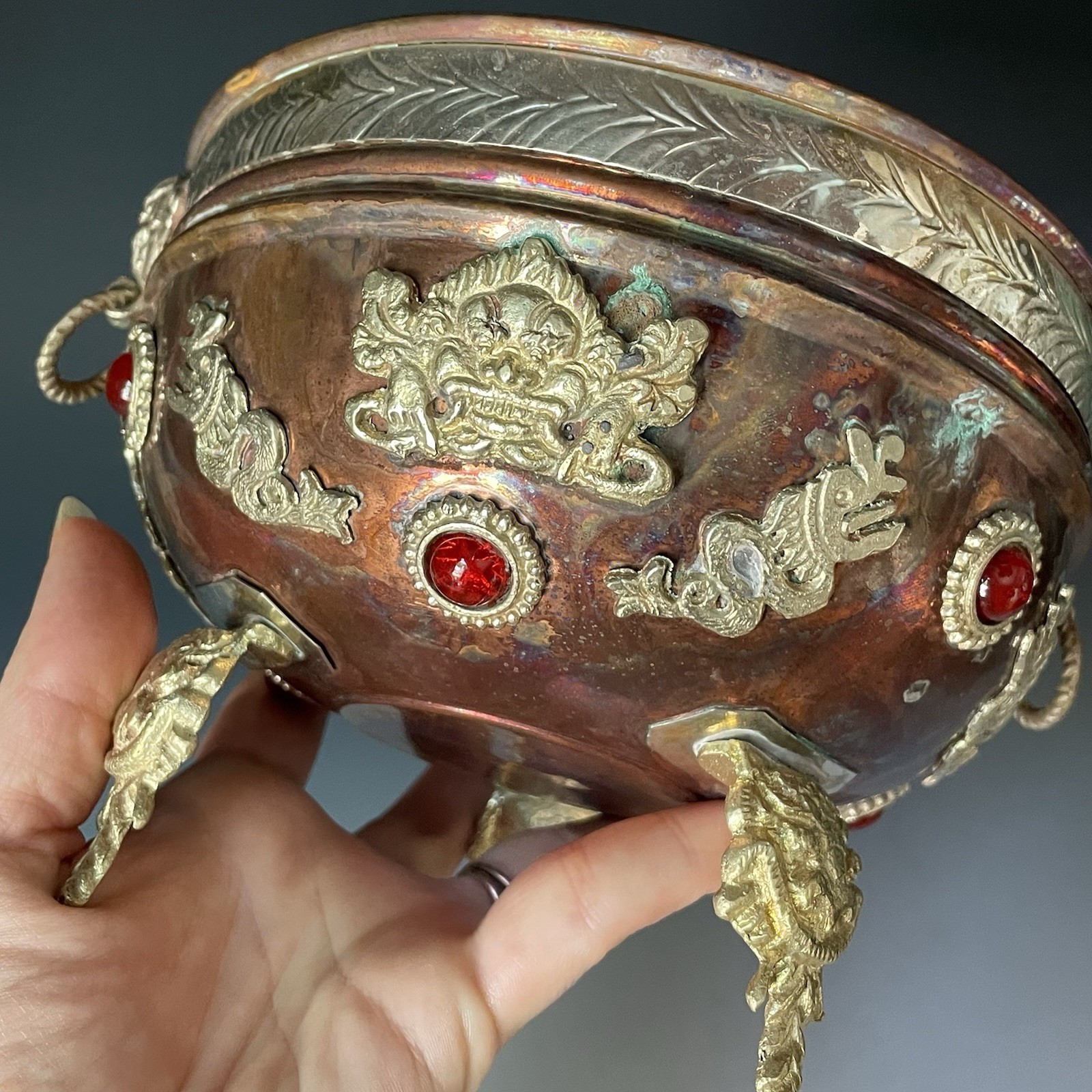 Vintage 20th C. Asian Copper & Brass Tripod Footed Bowl w/ Ruby Glass Cabochons