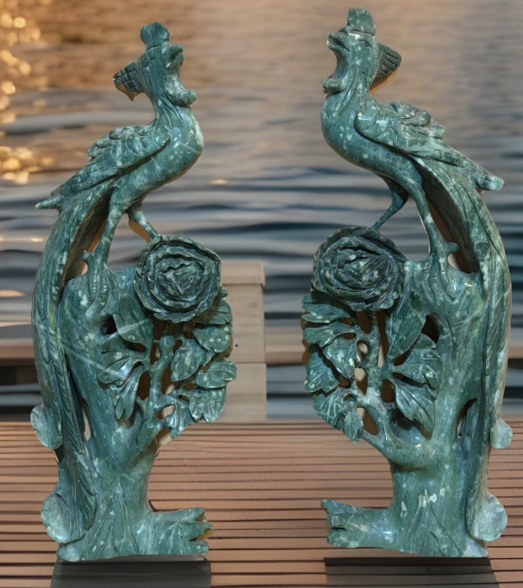 Chinese Export Jade Sculptures Phoenix Bird Peacock Jadeite Nephrite