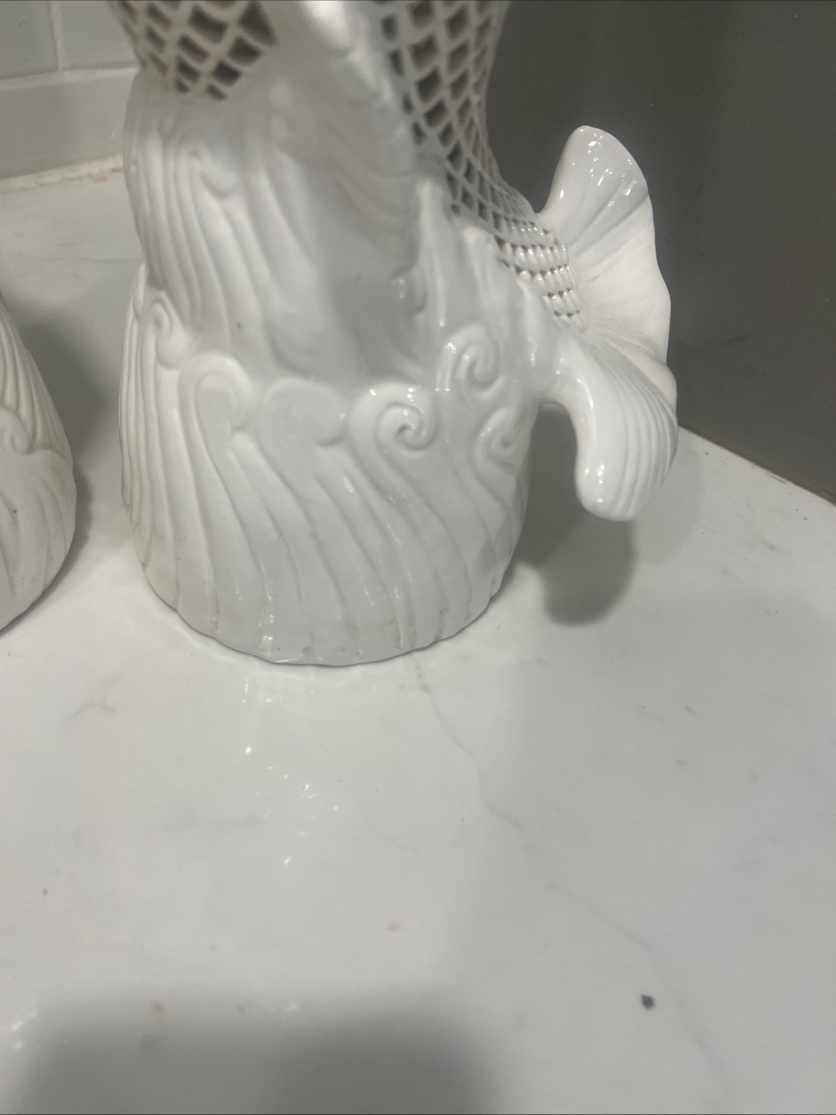 Vintage 1950s Reticulated Porcelain Blanc De Chine Fish Sculpture Pair 14” Large