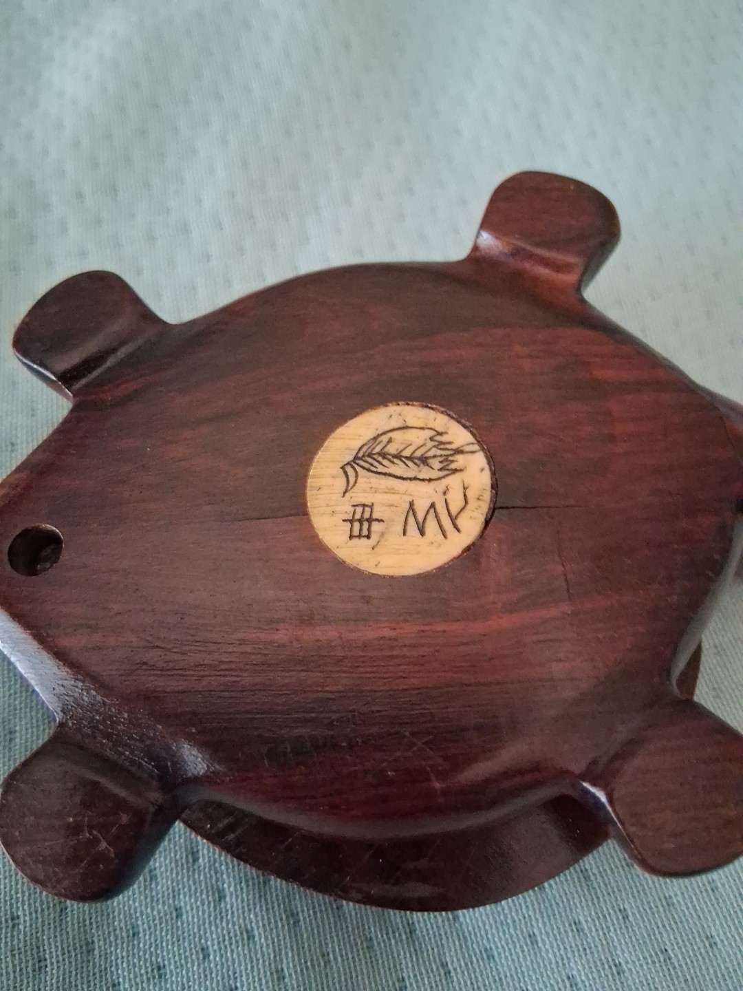 carved wood turtle with enlayed compass and chinese carved symbols