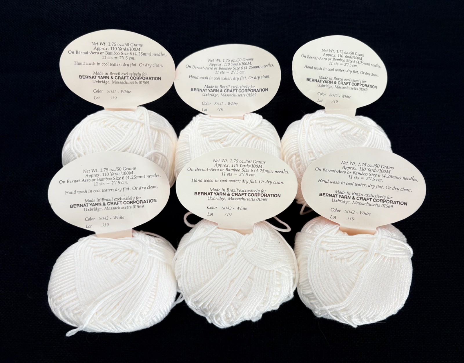 New Lot of 6 Bernat Carina Mercerized Cotton Yarn, #8042 White, 1.76 oz, Brazil