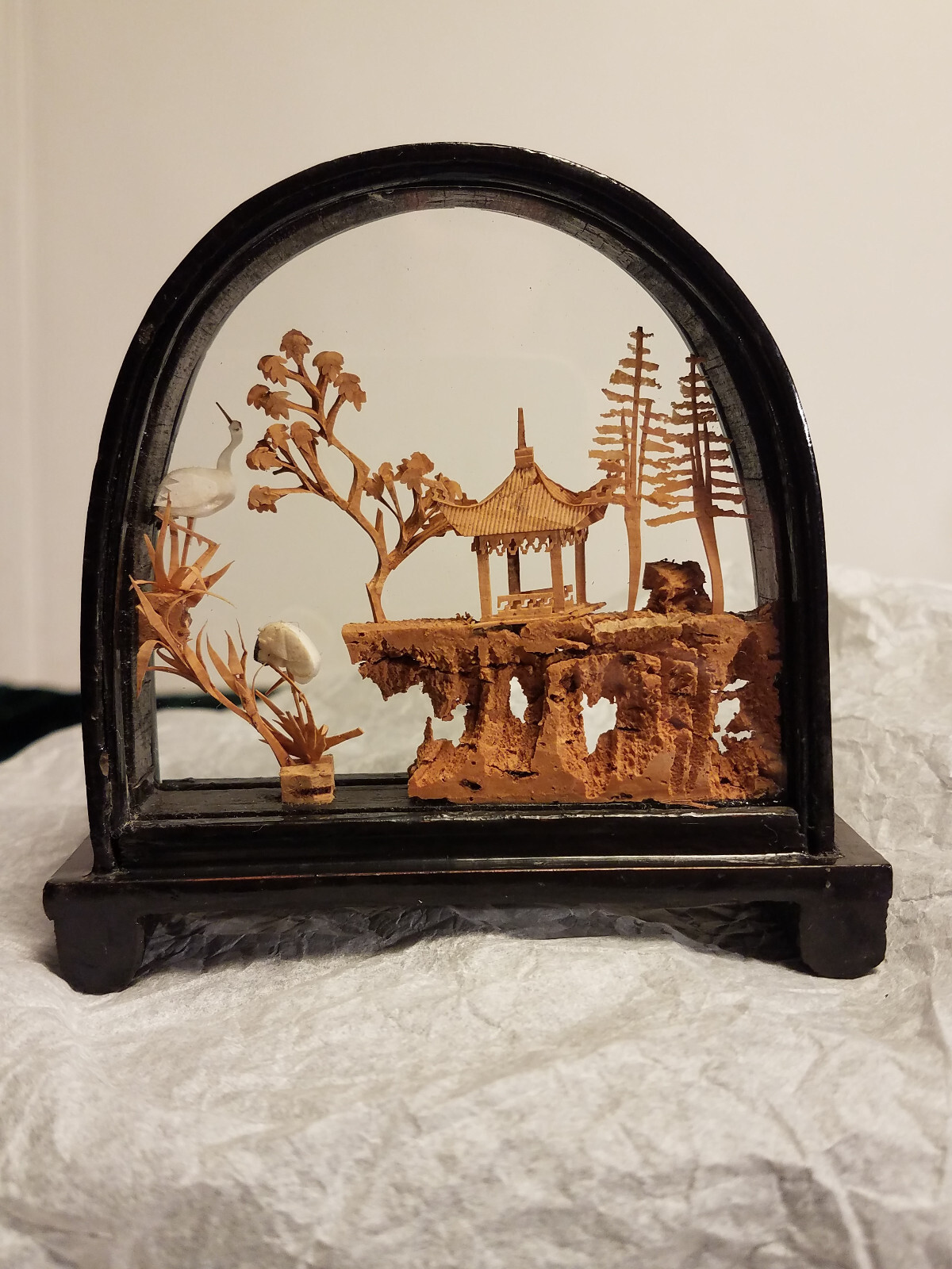 Chinese Lacquered Arched, Hand Carved Cork Diorama, Pagoda Trees Cranes
