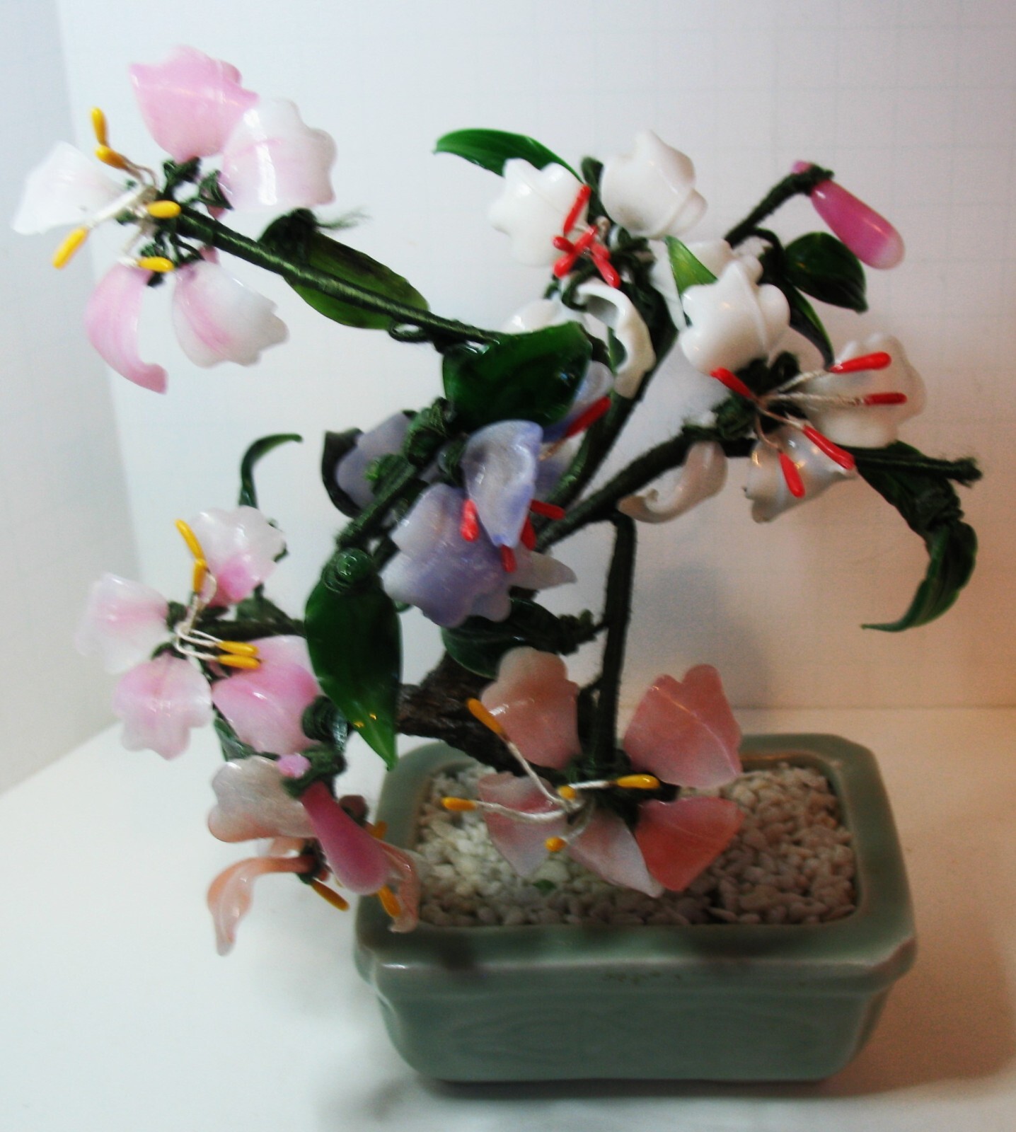 Victorian Era Chinese Jade Flowered Bonsai Tree in Celedon Planter
