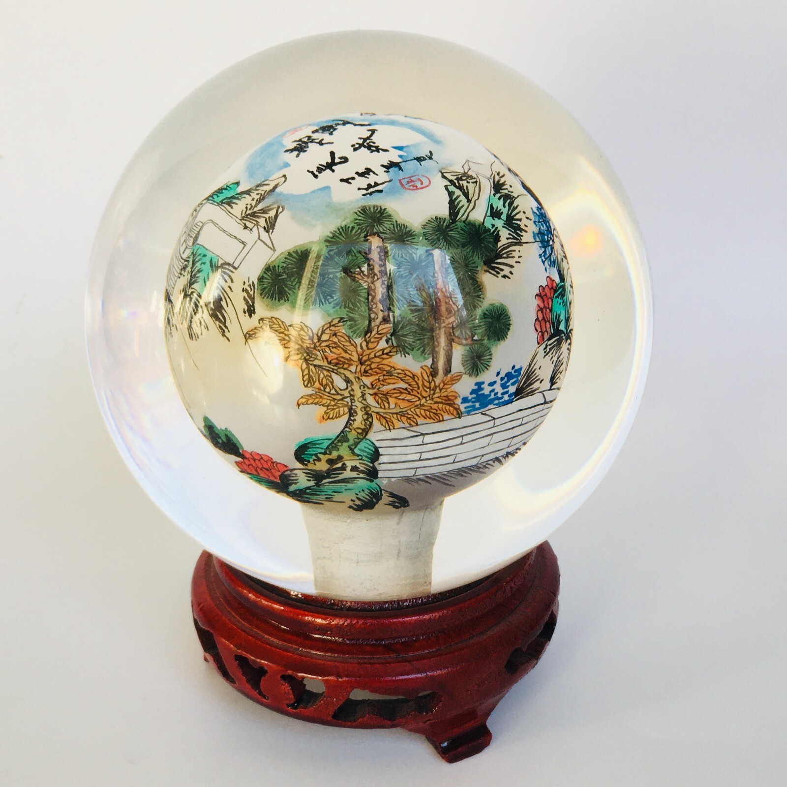 Reverse Painted Great Wall Vintage Glass Crystal Ball Sphere Signed 4.5″
