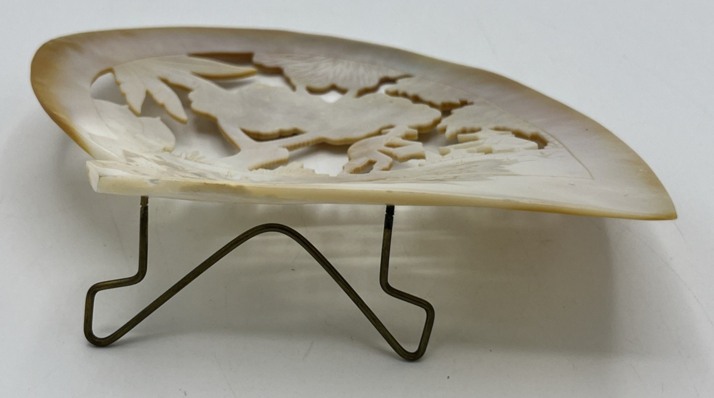 Carved Mother of Pearl Shell Asian Scene with Stand 6″ Tall