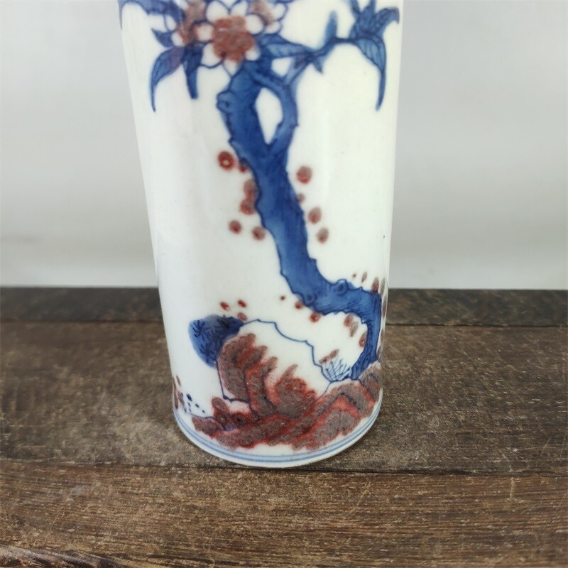 9.2″China Qing Blue White Porcelain Red Glaze Longevity Peach Bat Incense Tube