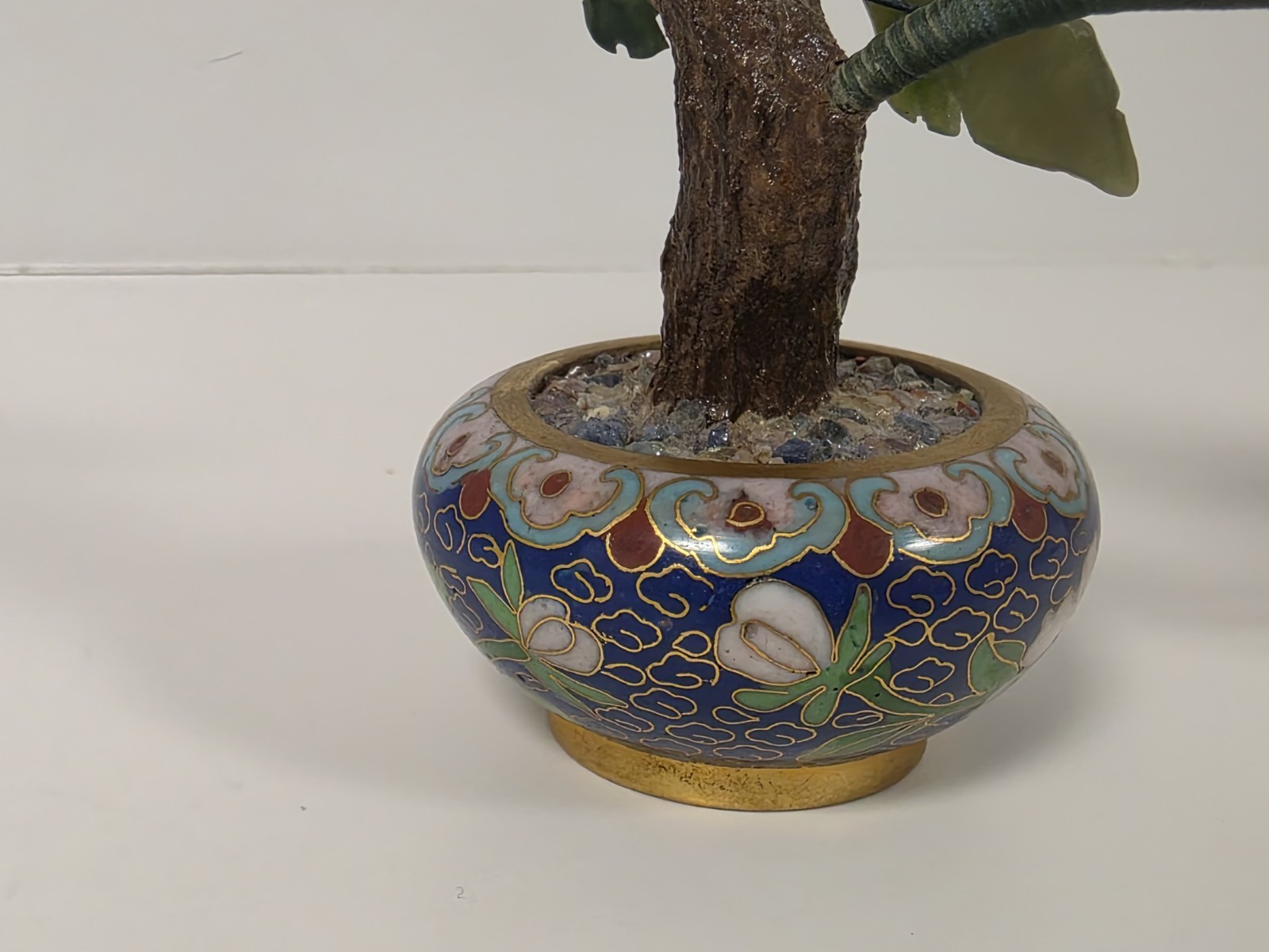 Asian Bonsai Tree Blossom Cloisonne Floral Pot White And Green Stone Jade?